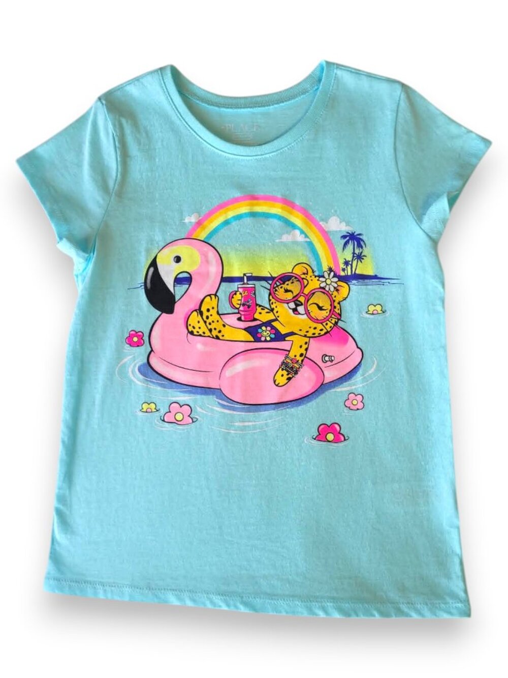 The Children’s Place Girls Graphic Tee Flamingo Rainbow Leopard Shirt Blue M
